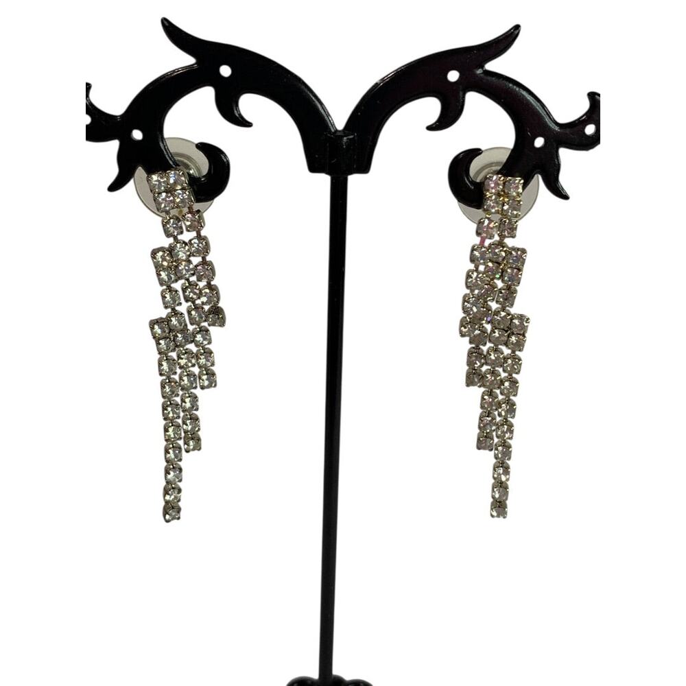 Vintage Silvertone Rhinestone Earrings Post Pierced Swag Movement 2" Drop